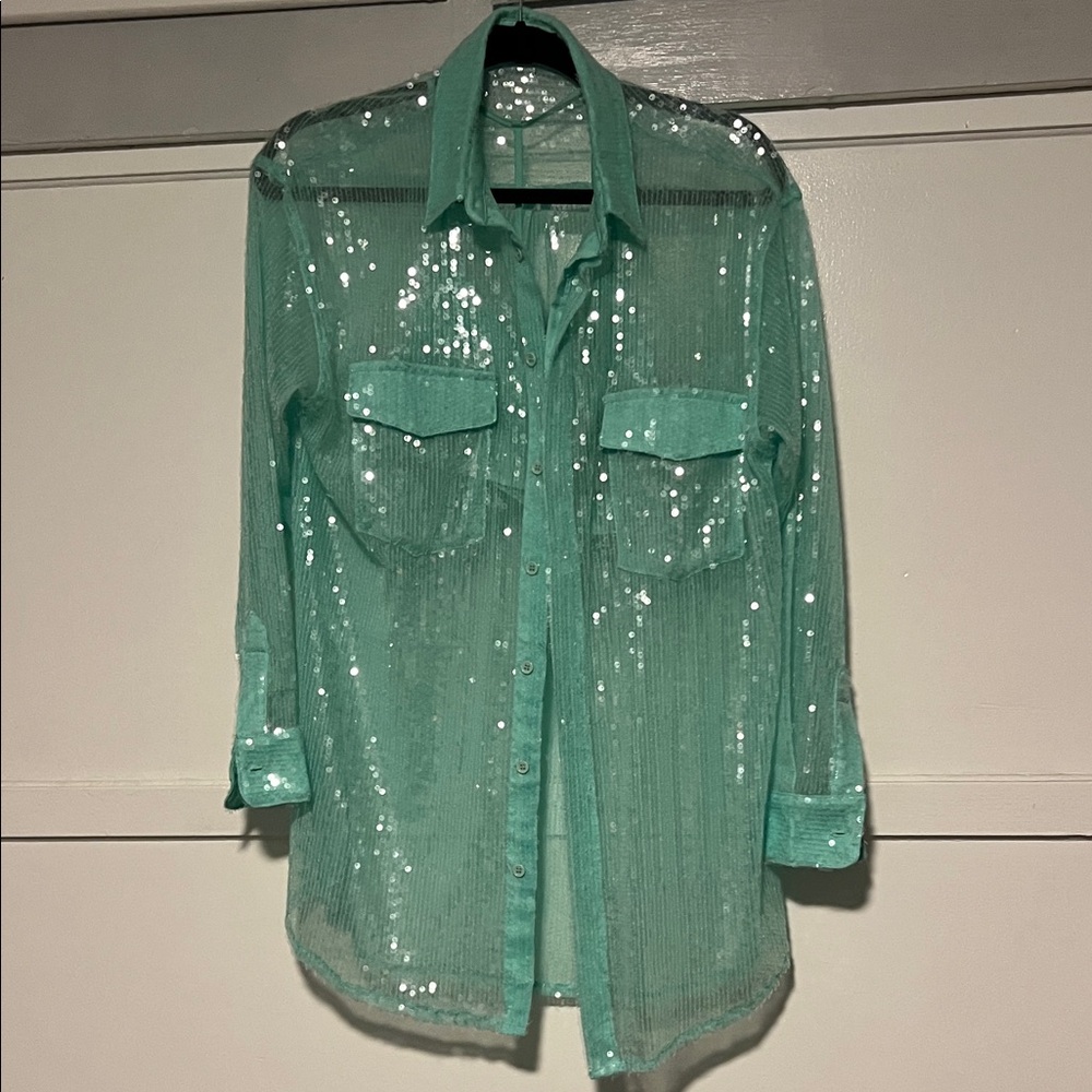 Sequin Button-Up Shirt turquoise Dani Michelle X missguided size 4